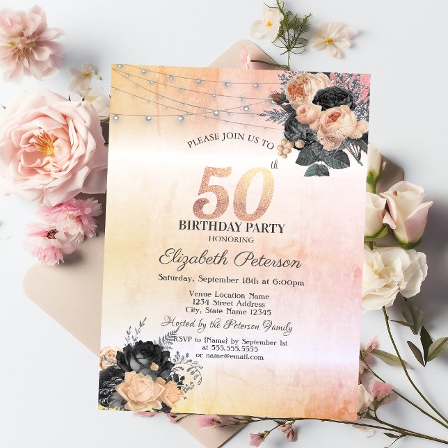 Chic Orange Roses String Lights 50th Birthday Invitation (Creator Uploaded)