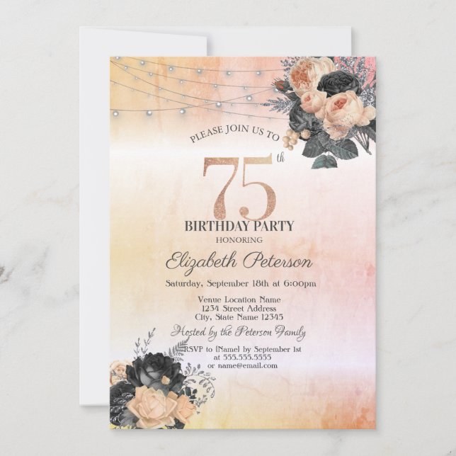 Chic Orange Roses String Lights 75th Birthday Invitation (Front)