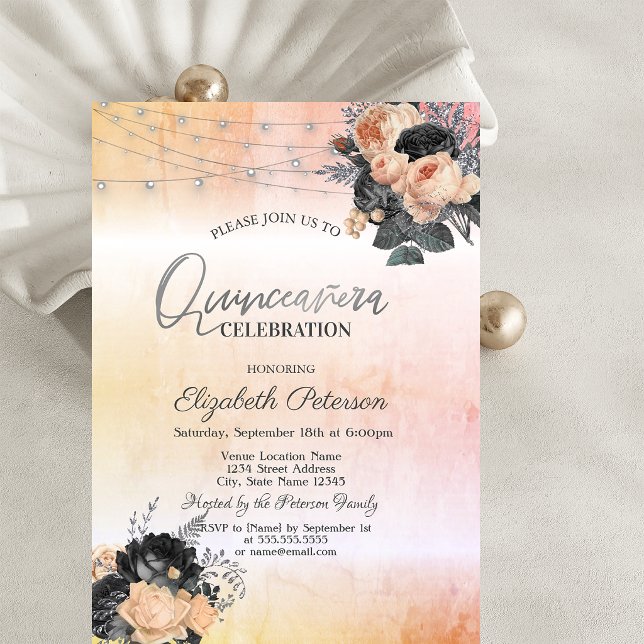 Chic Orange Roses String Lights Quinceanera Invitation (Creator Uploaded)