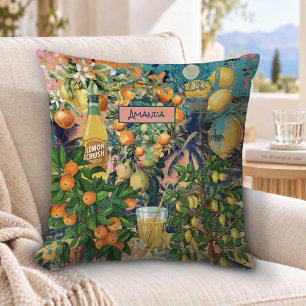 Chic orange sicilian citrus collage floral tiles cushion