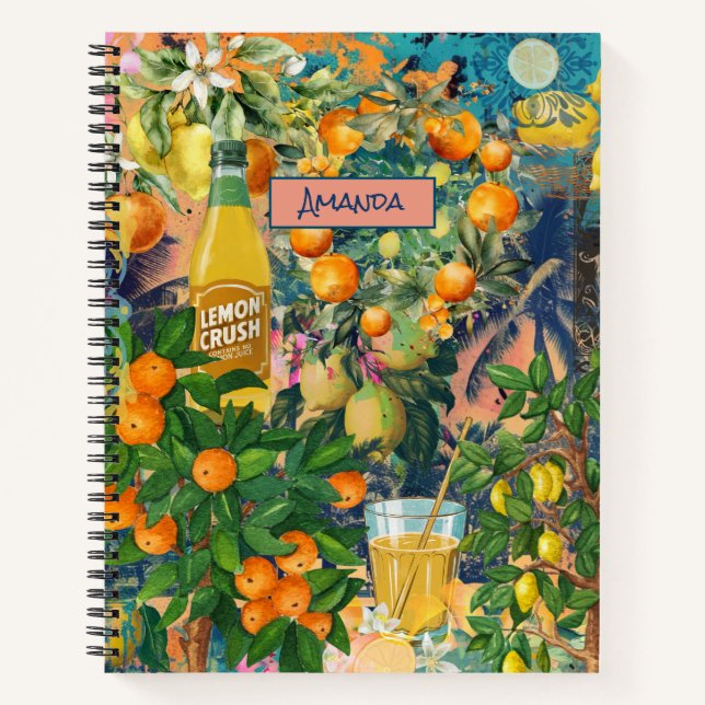 Chic orange sicilian citrus collage floral tiles  notebook (Front)