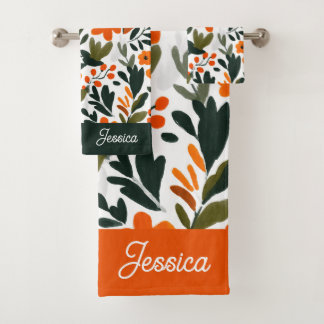 Chic Orange Spring Flowers Botanical Pattern Name Bath Towel Set