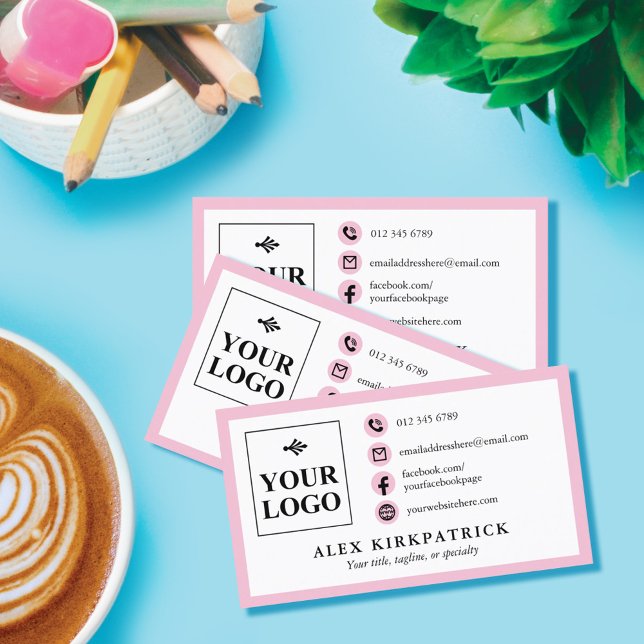 Chic Orchid Pink Icons Border & Your Logo Business Card (Creator Uploaded)