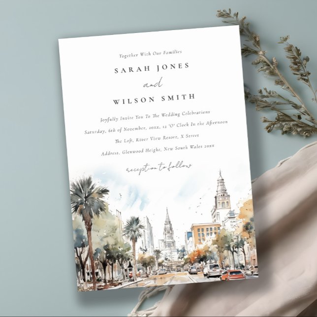 Chic Orlando Florida Skyline Watercolor Wedding Invitation (Creator Uploaded)