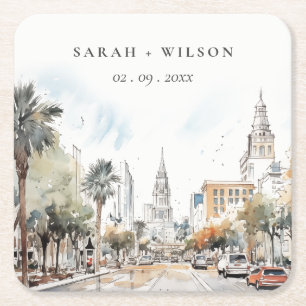 Chic Orlando Florida Skyline Watercolor Wedding Square Paper Coaster