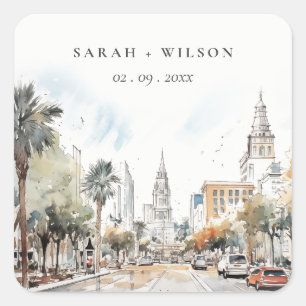 Chic Orlando Florida Skyline Watercolor Wedding Square Sticker