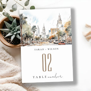 Chic Orlando Florida Skyline Watercolor Wedding Table Number