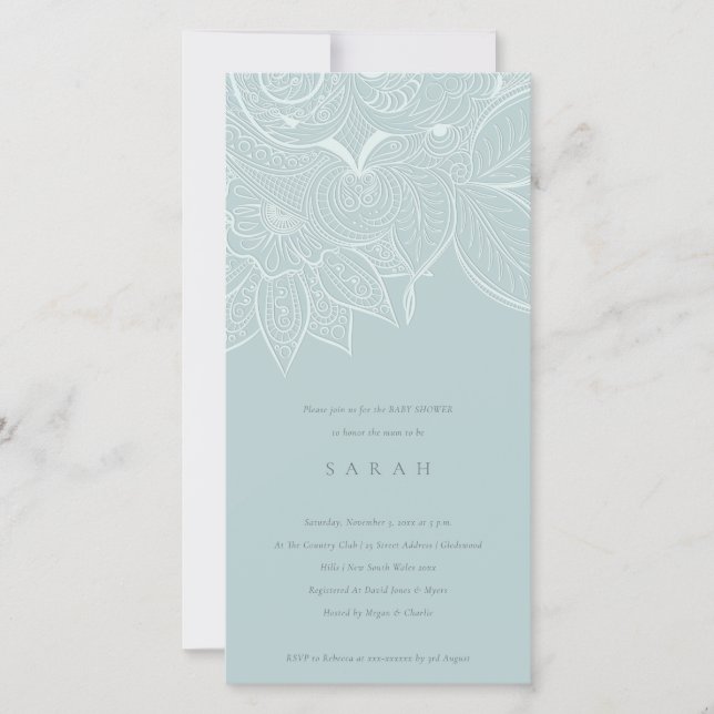 Chic Ornate Paisley Dusky Blue Baby Shower Invite (Front)