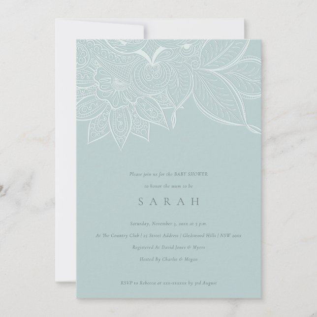 Chic Ornate Paisley Dusky Blue Baby Shower Invite (Front)