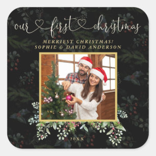 Chic Our First Christmas Calligraphy Winter Photo Square Sticker