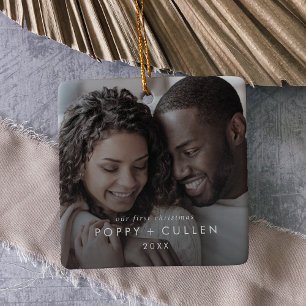 Chic Our First Christmas Couples Photo Overlay Ceramic Ornament