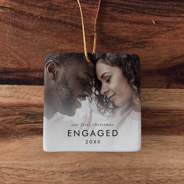 Chic Our First Christmas Engaged Photo Ceramic Ornament (Creator Uploaded)