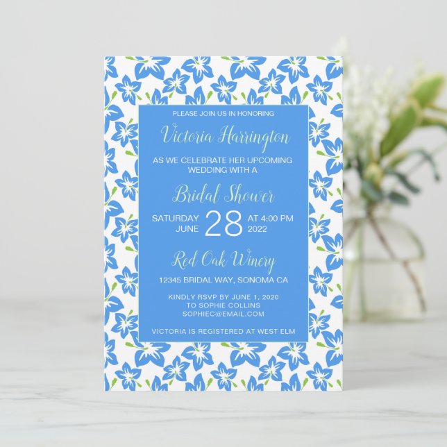 Chic Painted Blue Floral Bridal Shower Invitation (Standing Front)