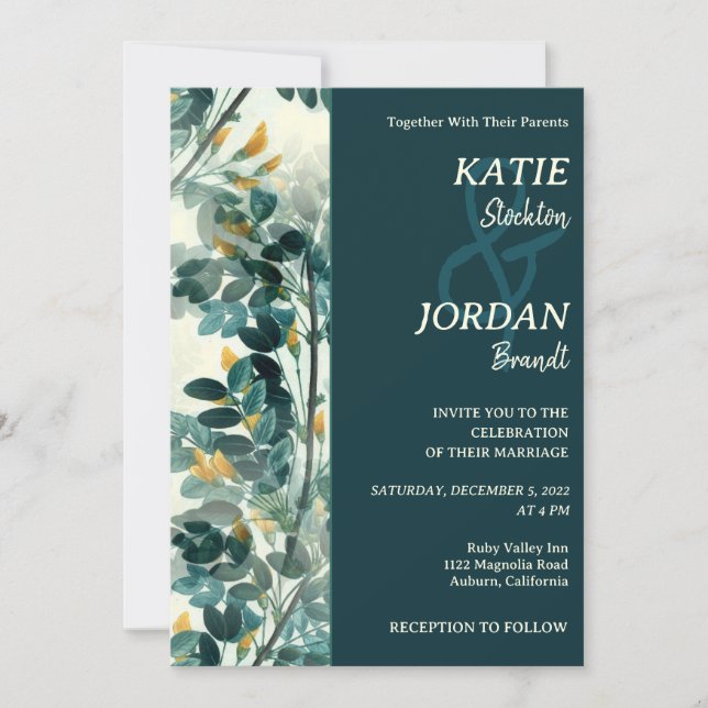 Chic Painted Leaves Wedding Invitation (Front)