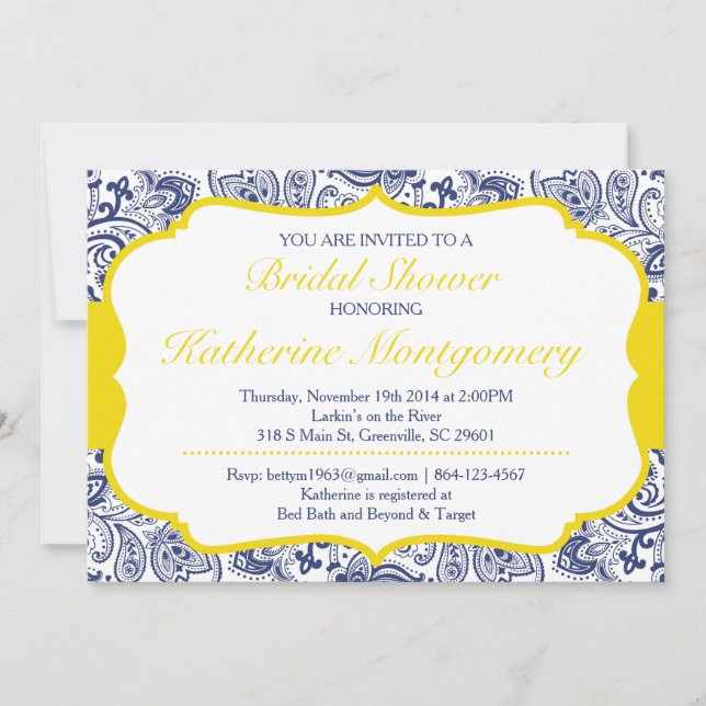 Chic Paisley Bridal Shower Invitation Navy Lemon (Front)
