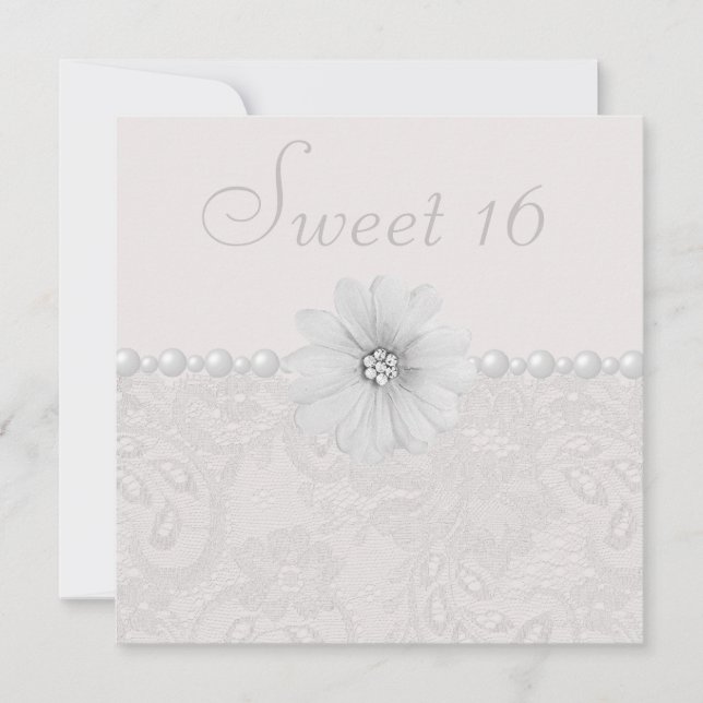 Chic Paisley Lace, Flowers & Pearls Sweet 16 Invitation (Front)