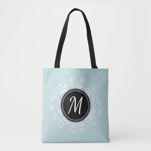 Chic Pale Blue Floral Wreath Custom Monogram Tote Bag (Front)