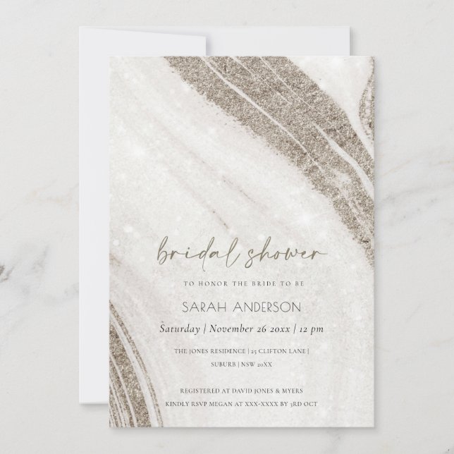 Chic Pale Gold Marble Agate Bridal Shower Invite (Front)