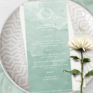 Chic Pale Green Watercolor, Monogram Wedding Menu