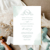 Chic Pale Green Watercolor Stains Monogram Wedding