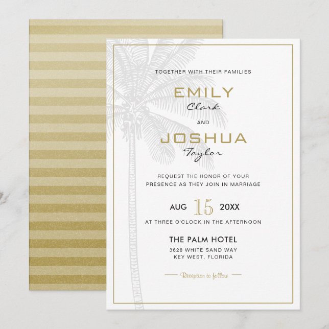 Chic Palm Tree & Gold Wedding Invitation Card (Front/Back)