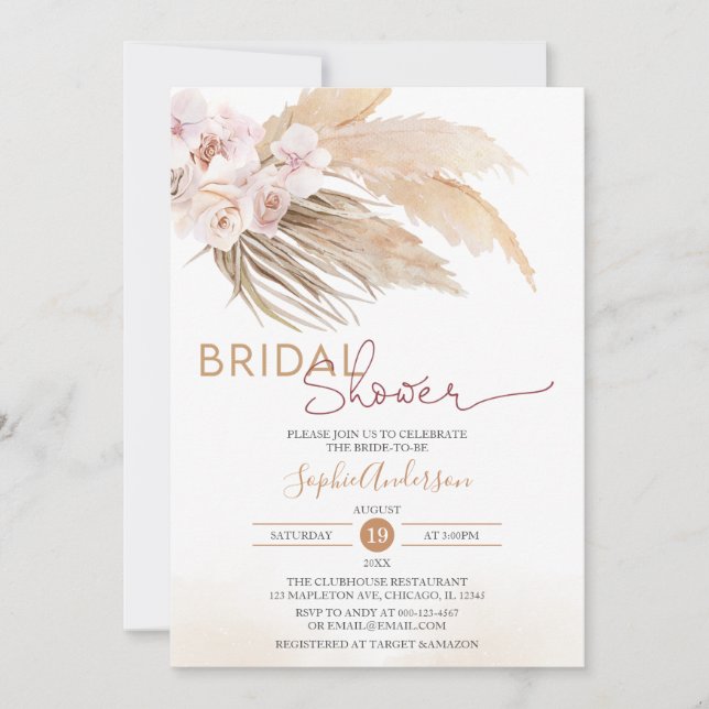 Chic Pampas Grass Boho Bridal Shower Invitation (Front)
