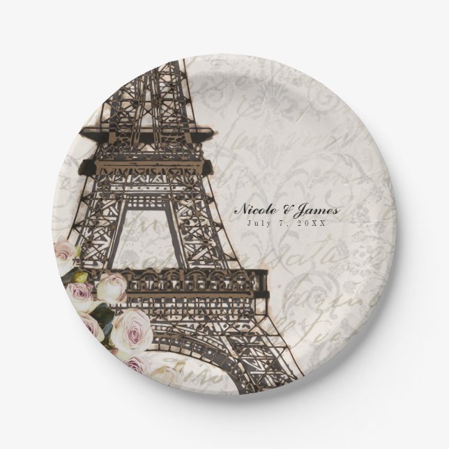 Chic Paris Eiffel Tower & Roses Elegant Party Paper Plate (Front)
