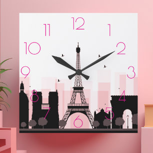 Chic PARIS Eiffel Tower Skyline Pink Modern Square Wall Clock