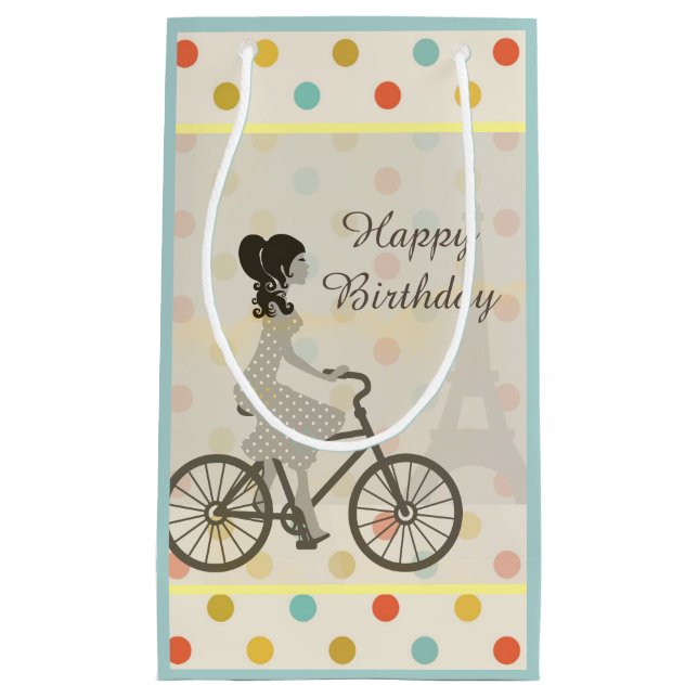 Chic Paris Girl Riding Bike Cute Birthday Small Gift Bag (Front)