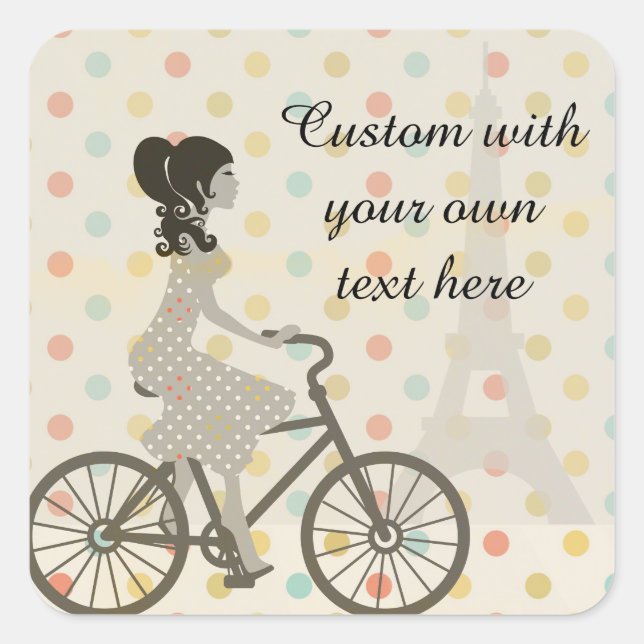 Chic Paris Girl Riding Bike Dotty Custom Text Square Sticker (Front)