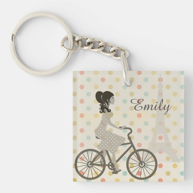 Chic Paris Girl Riding Bike Dotty Personalised Key Ring (Front)