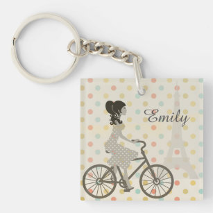Chic Paris Girl Riding Bike Dotty Personalised Key Ring