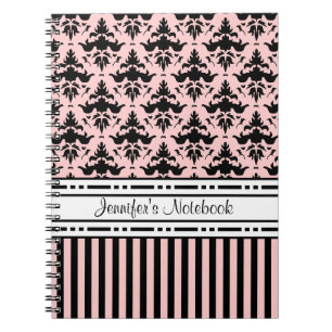 Chic Paris Pink and Black Damask and Stripes Notebook