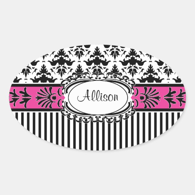 Chic Paris Pink and Black Damask and Stripes Oval Sticker (Front)