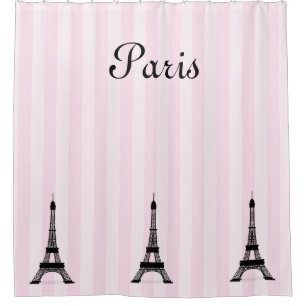 Chic Paris Pink Stripe and Black Eiffel Towers Shower Curtain