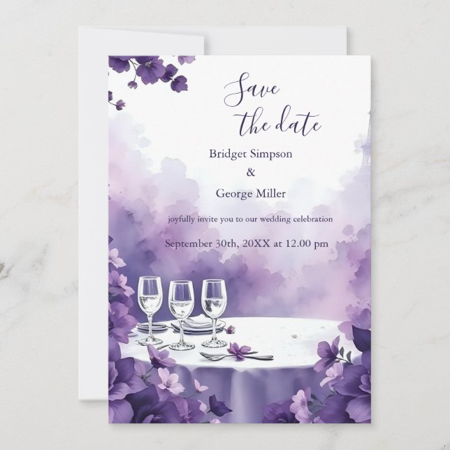 Chic Paris & Purple Floral Wedding safe the date Invitation (Front)