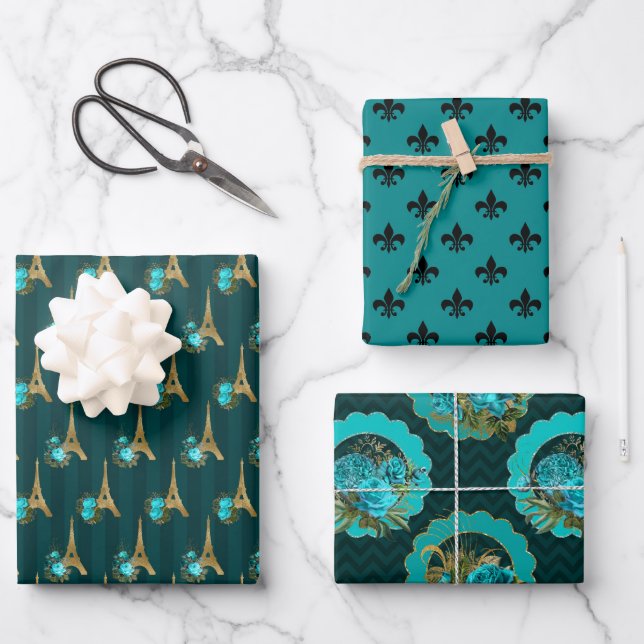 Chic Paris Teal, Black and Gold Wrapping Paper Sheet (Front)