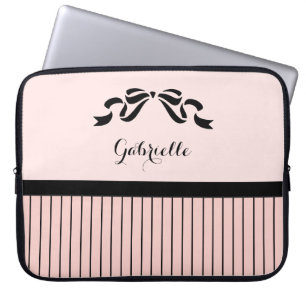 Chic Parisian Pink Pinstripes Black Bow and Name Laptop Sleeve
