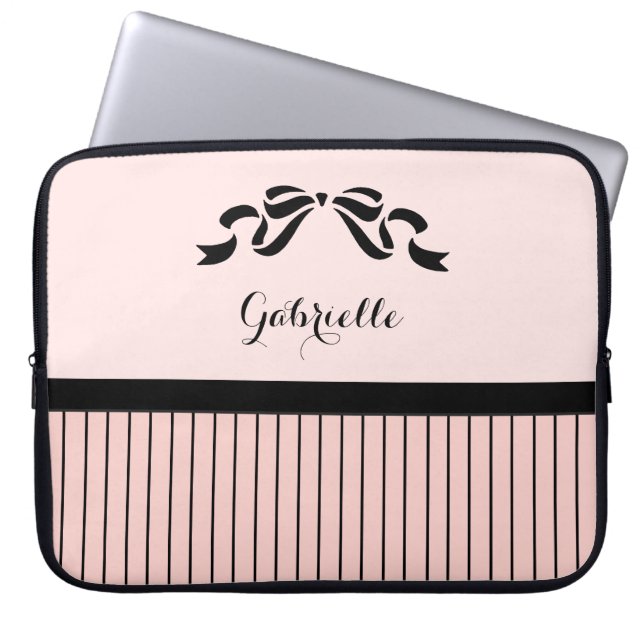Chic Parisian Pink Pinstripes Black Bow and Name Laptop Sleeve (Front)