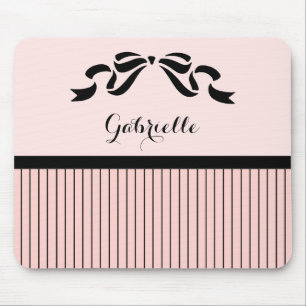 Chic Parisian Pink Pinstripes Black Bow and Name Mouse Mat