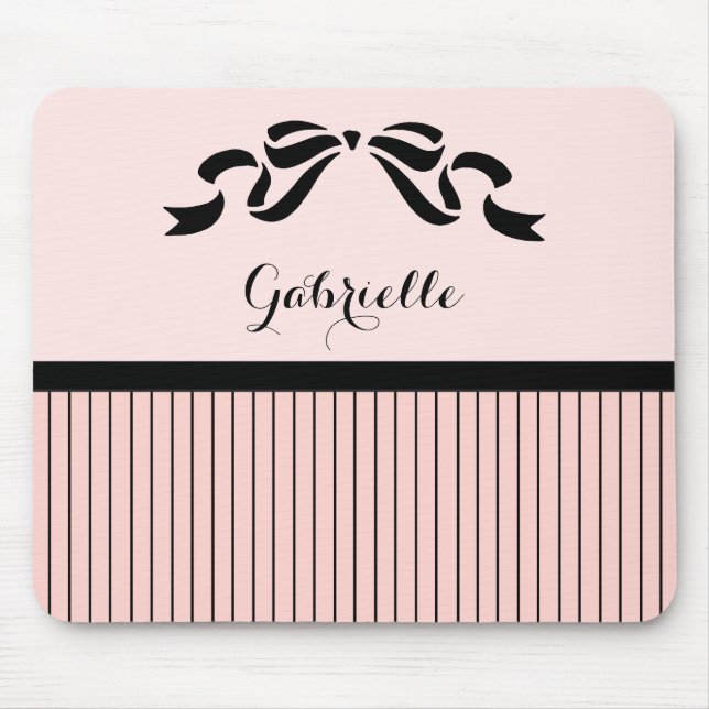 Chic Parisian Pink Pinstripes Black Bow and Name Mouse Mat (Front)