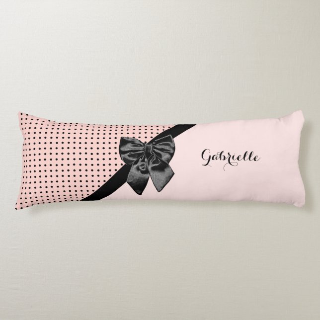 Chic Parisian Pink Polka Dots Black Bow and Name Body Cushion (Front)