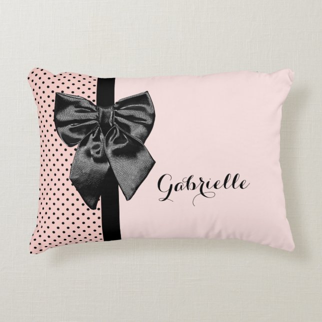 Chic Parisian Pink Polka Dots Black Bow and Name Decorative Cushion (Front)