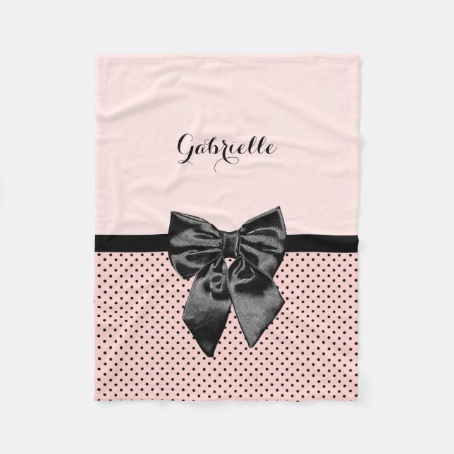 Chic Parisian Pink Polka Dots Black Bow and Name Fleece Blanket (Front)