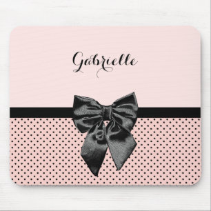 Chic Parisian Pink Polka Dots Black Bow and Name Mouse Mat