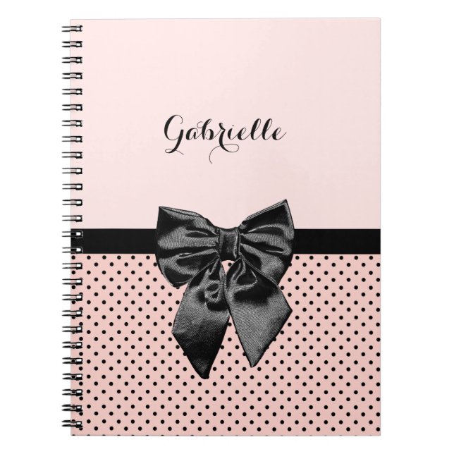 Chic Parisian Pink Polka Dots Black Bow and Name Notebook (Front)