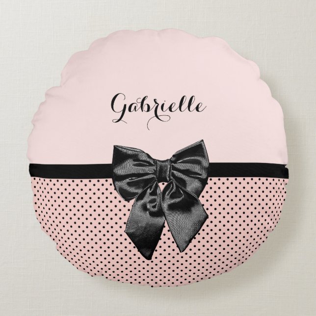 Chic Parisian Pink Polka Dots Black Bow and Name Round Cushion (Front)