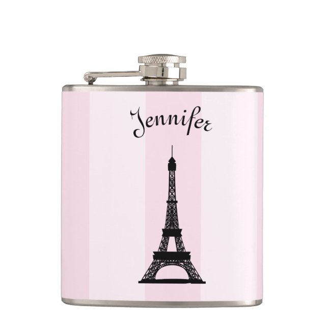 Chic Parisian Pink Stripe Black Eiffel Tower Hip Flask (Front)