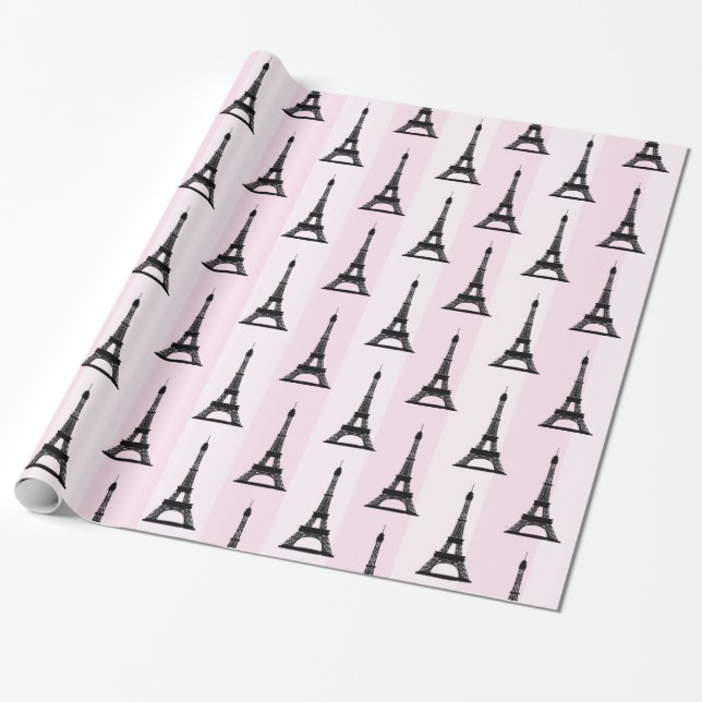 Chic Parisian Pink Stripe with Black Eiffel Towers Wrapping Paper (Unrolled)