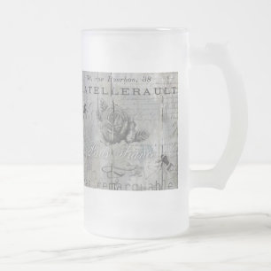 Chic Parisian Print Script, Rose, Bees Frosted Glass Beer Mug